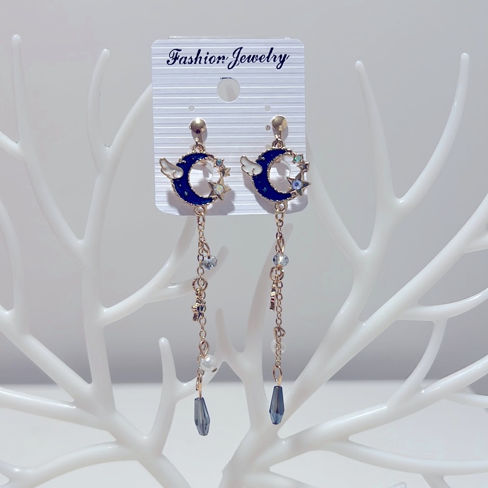 NEW Blue Crescent Moon Stars Dangle Clip On Earrings